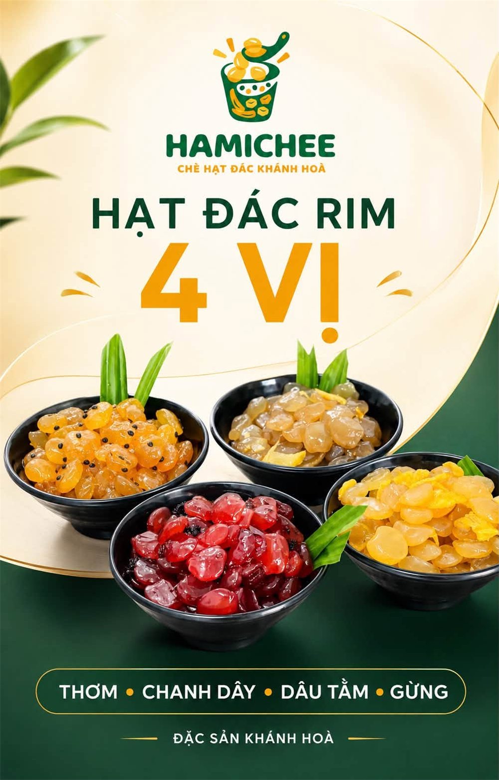 Poster hạt đác rim 4 vị DACOHAMI: thơm, chanh dây, dâu tằm, gừng