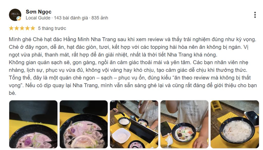 Đánh giá 5 sao của khách Sơn Ngọc trên Google: chè ngon – sạch – phục vụ ổn, ăn theo review mà không bị thất vọng