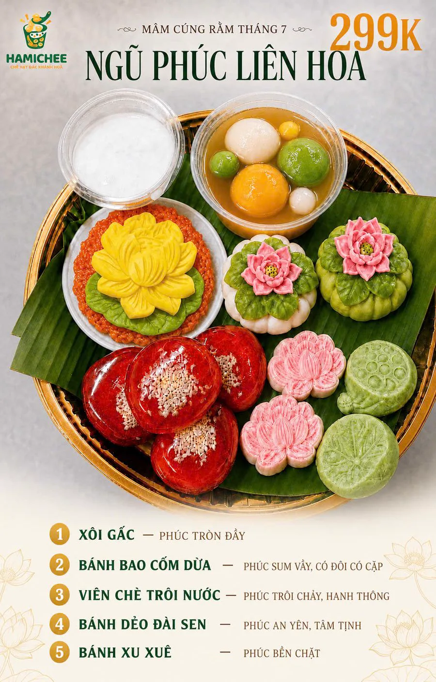 Poster mâm cúng Rằm tháng 7 Ngũ Phúc Liên Hoa 299k với danh sách 5 lễ vật